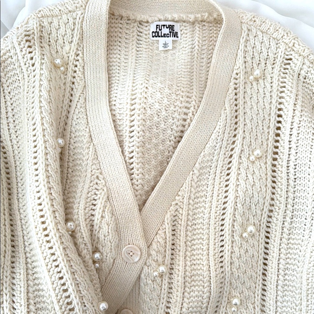 Future Collective Cream Knit Sweater Size L Neutral Cozy